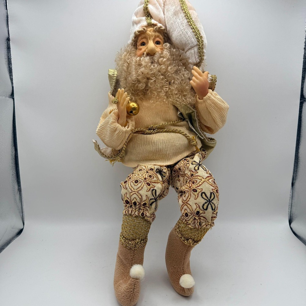 Vintage Handcrafted Santa Elf Shelf Sitter Cream Gold Brocade Holiday Decor 18in
